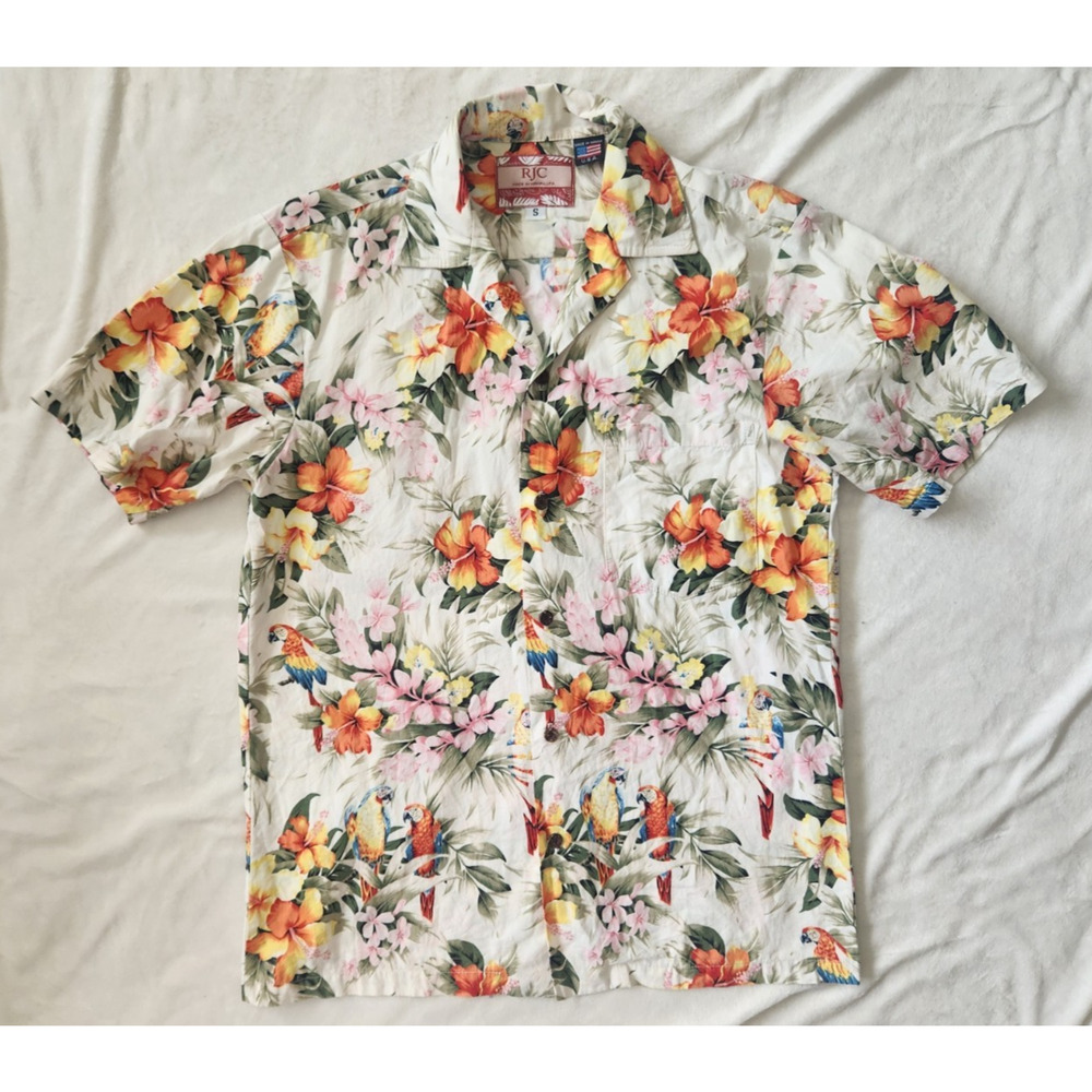RJC Cream Multicolor Parrot Palm Aloha Hawaiian Shirt Men's Sz S Made In USA